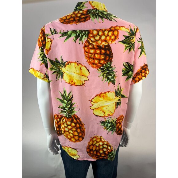 SSLR Mens Pineapple Print Short-Sleeve Button-Down Shirt L Cotton Tropical Hawai - Picture 14 of 16